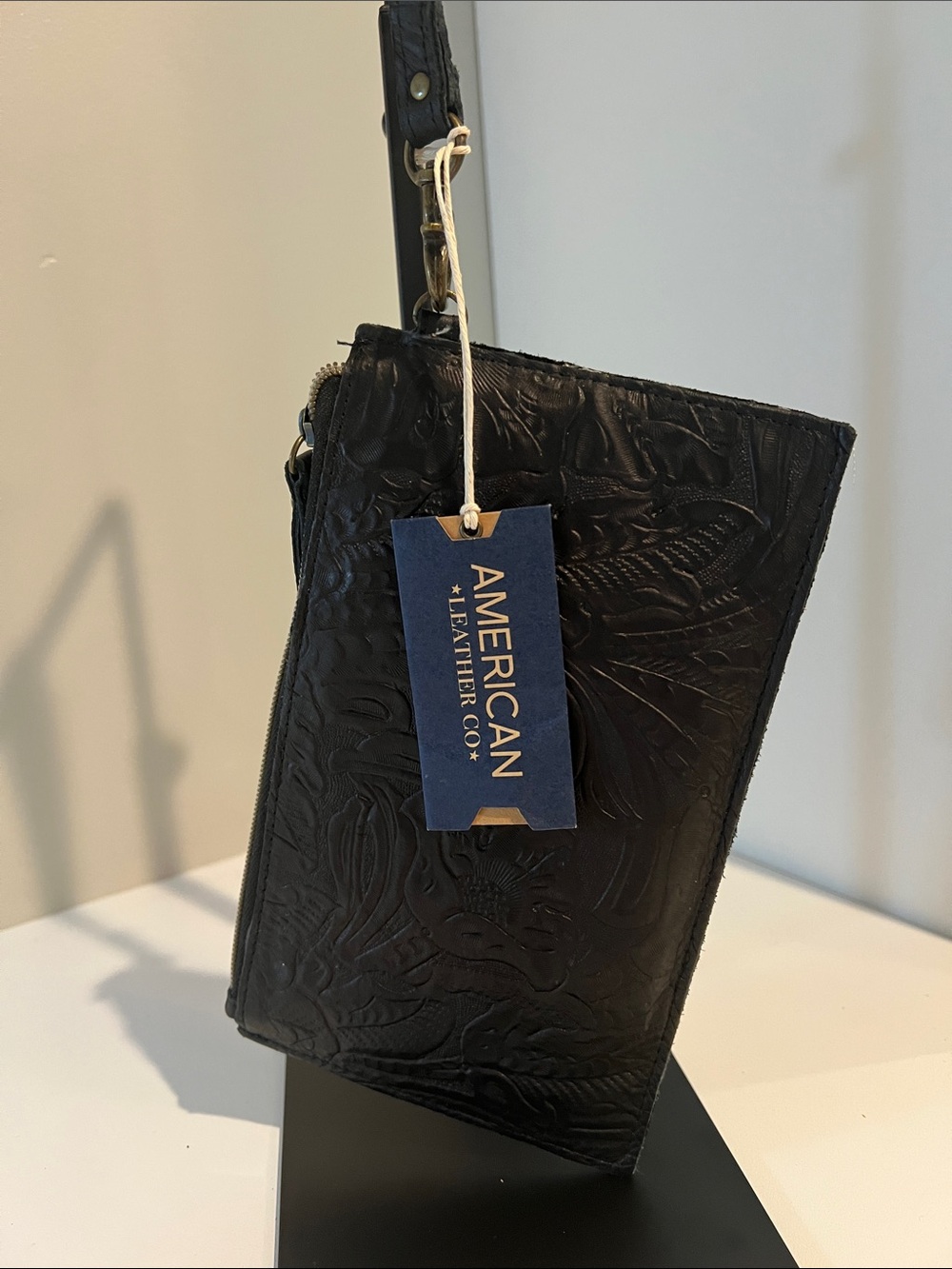 American Leather Co. Black Embossed Leather Charging Wristlet